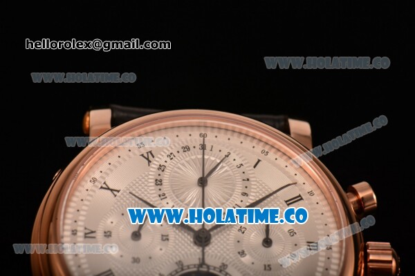 Patek Philippe Grand Complication Chrono Venus 7750 Manual Winding Rose Gold Case with White Dial Black Leather Strap and Roman Numeral Markers - Click Image to Close